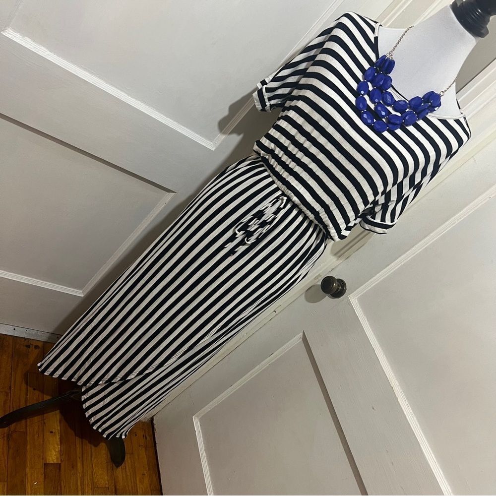 Annabelle Black and White Striped faux wrap maxi with pockets! Women's large
